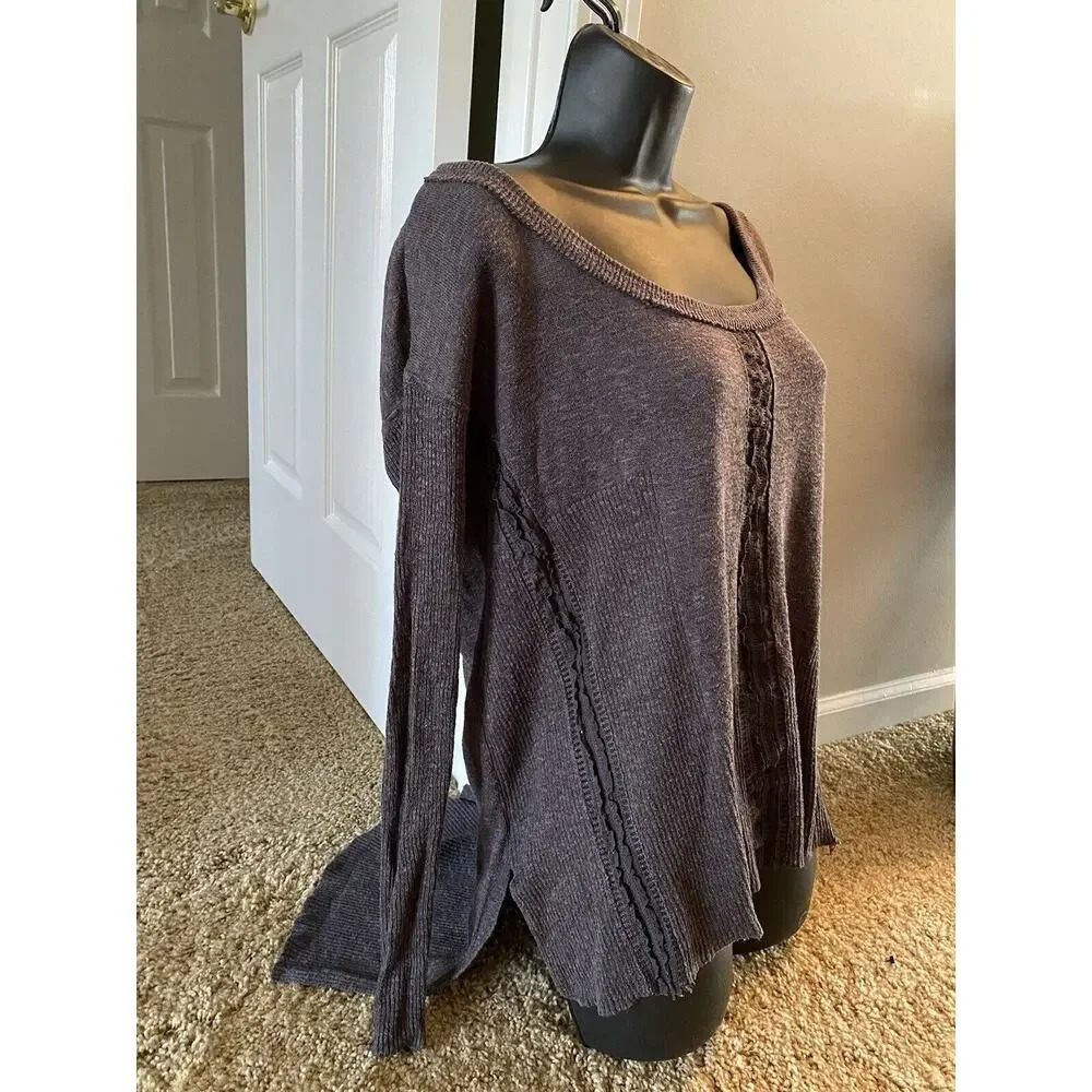 Free People Womens Size XS Purple High Low Knit Sweater Boho Top Oversized Lace - Picture 3 of 5